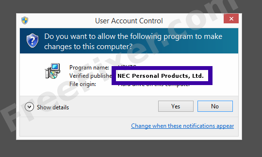 Screenshot where NEC Personal Products, Ltd. appears as the verified publisher in the UAC dialog